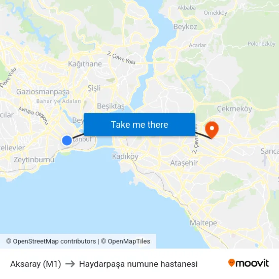 Aksaray (M1) to Haydarpaşa numune hastanesi map