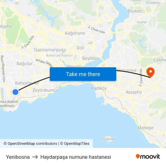 Yenibosna to Haydarpaşa numune hastanesi map