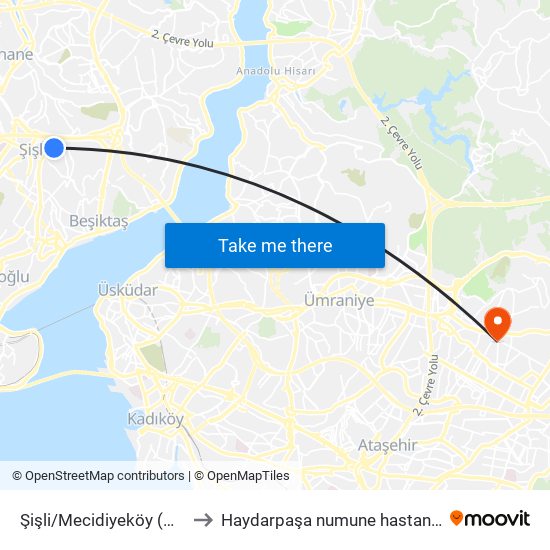 Şişli/Mecidiyeköy (M2) to Haydarpaşa numune hastanesi map