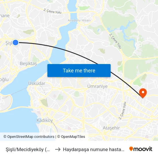 Şişli/Mecidiyeköy (M2) to Haydarpaşa numune hastanesi map