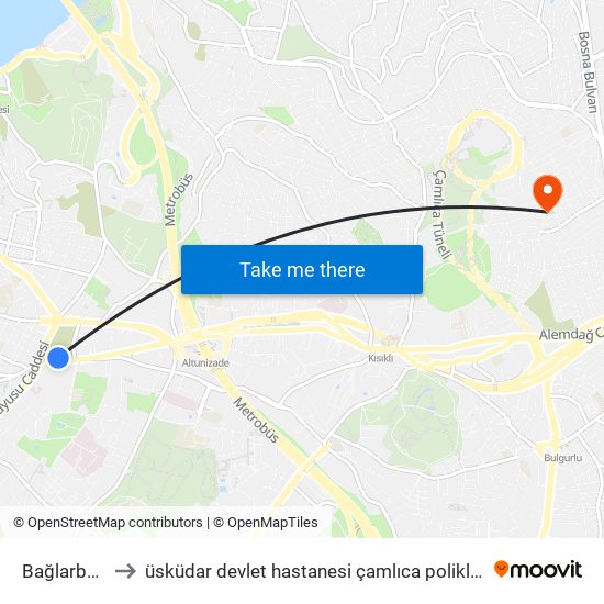 Bağlarbaşı to üsküdar devlet hastanesi çamlıca polikliniği map