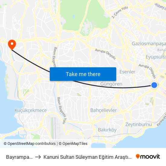 Bayrampaşa-Maltepe to Kanuni  Sultan Süleyman Eğitim Araştırma Hastanesi Kemoterapi Ünitesi map