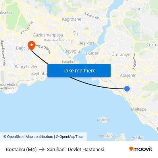 Bostancı (M4) to Saruhanlı Devlet Hastanesi map