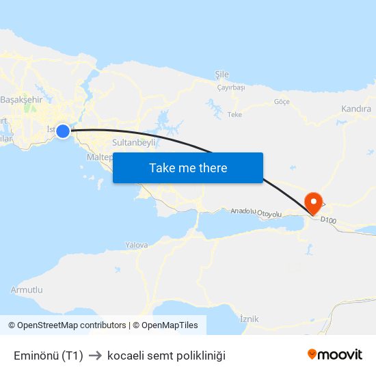 Eminönü (T1) to kocaeli semt polikliniği map