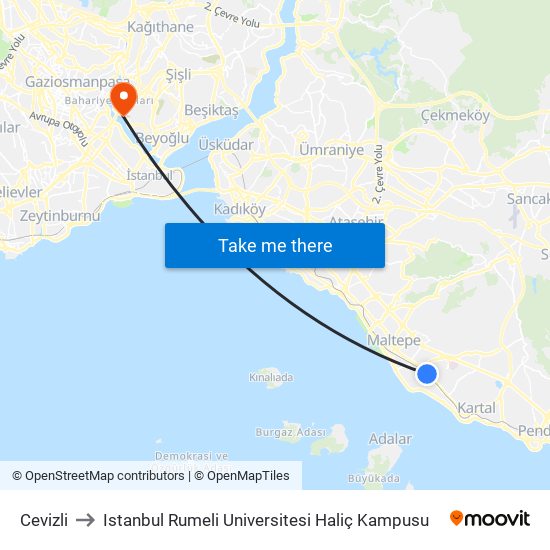 Cevizli to Istanbul Rumeli Universitesi Haliç Kampusu map