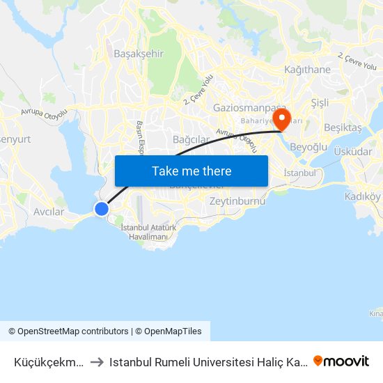 Küçükçekmece to Istanbul Rumeli Universitesi Haliç Kampusu map