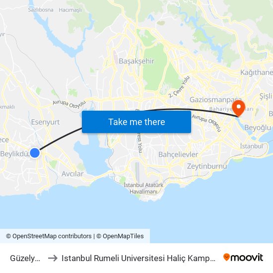 Güzelyurt to Istanbul Rumeli Universitesi Haliç Kampusu map