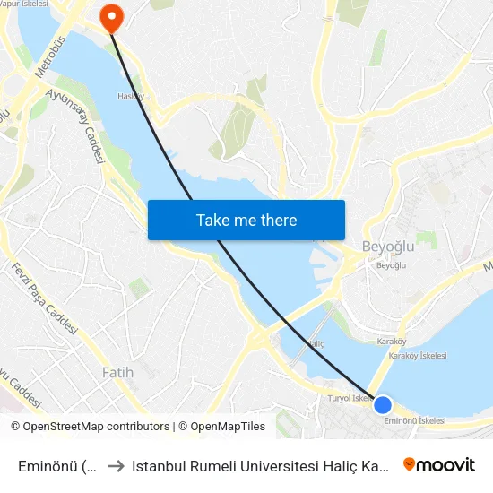 Eminönü (T1) to Istanbul Rumeli Universitesi Haliç Kampusu map