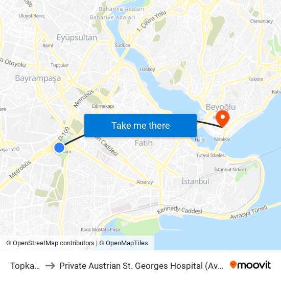 Topkapı (T1) to Private Austrian St. Georges Hospital (Avusturya Sen Jorj Hastanesi) map