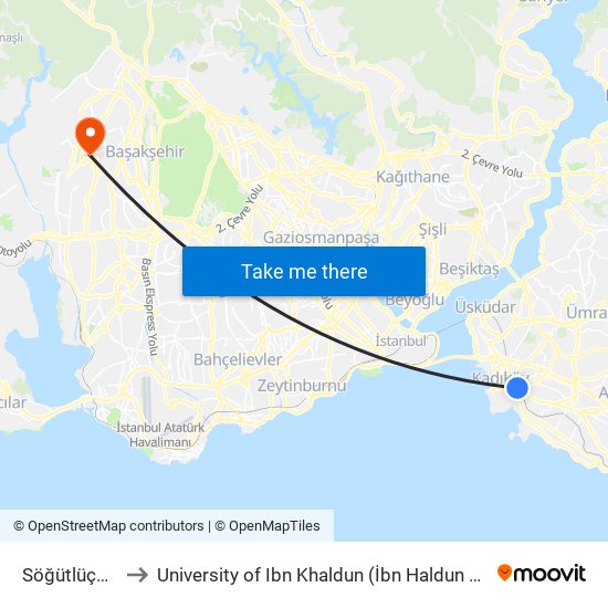 Söğütlüçeşme to University of Ibn Khaldun (İbn Haldun Üniversitesi) map