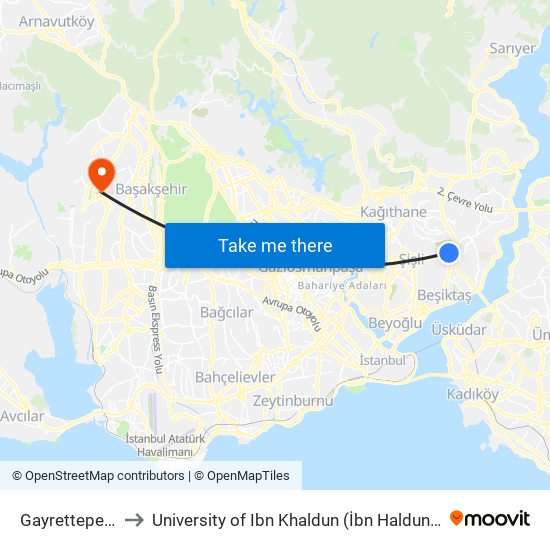 Gayrettepe (M2) to University of Ibn Khaldun (İbn Haldun Üniversitesi) map