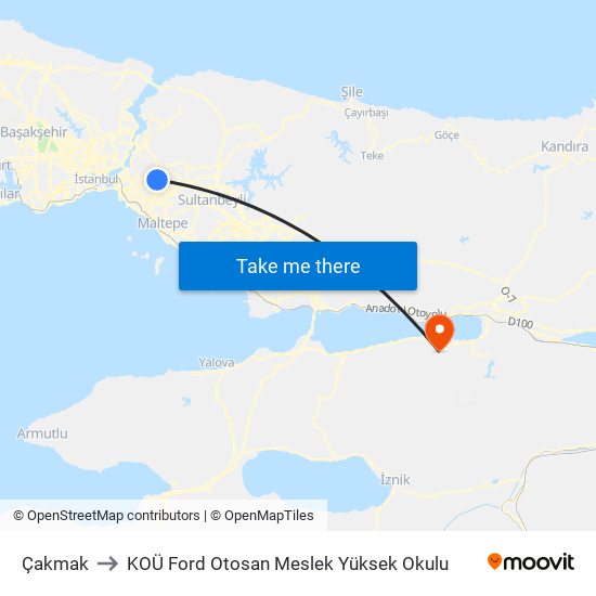 Çakmak to KOÜ Ford Otosan Meslek Yüksek Okulu map