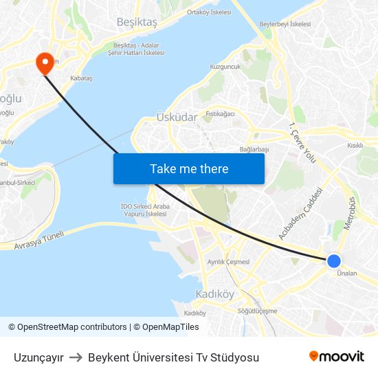 Uzunçayır to Beykent Üniversitesi Tv Stüdyosu map