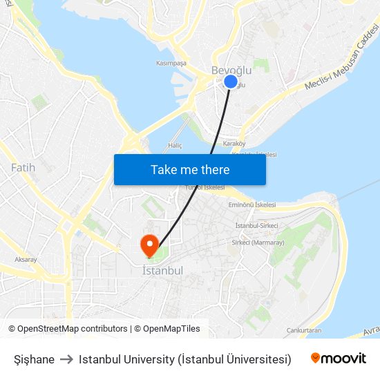 Şişhane to Istanbul University (İstanbul Üniversitesi) map