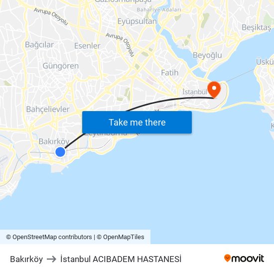 Bakırköy to İstanbul  ACIBADEM HASTANESİ map