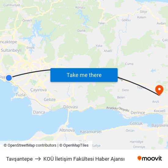 Tavşantepe to KOÜ İletişim Fakültesi Haber Ajansı map