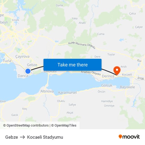 Gebze to Kocaeli Stadyumu map