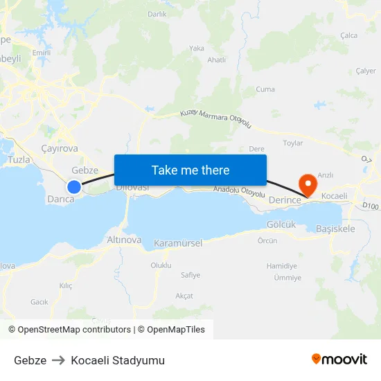 Gebze to Kocaeli Stadyumu map