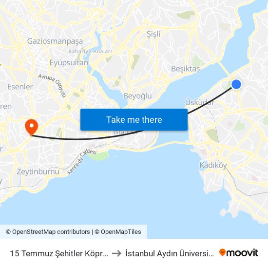 15 Temmuz Şehitler Köprüsü to İstanbul Aydın Üniversitesi map