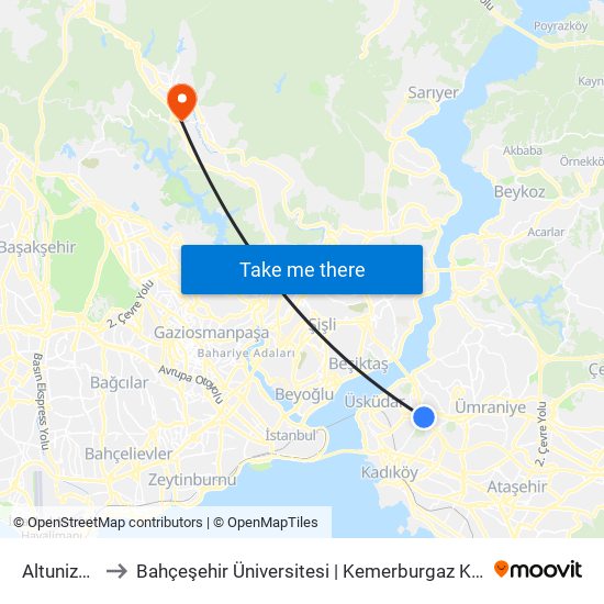 Altunizade to Bahçeşehir Üniversitesi | Kemerburgaz Kampüsü map