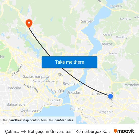 Çakmak to Bahçeşehir Üniversitesi | Kemerburgaz Kampüsü map