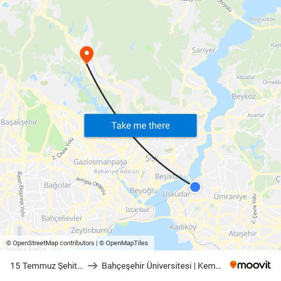 15 Temmuz Şehitler Köprüsü to Bahçeşehir Üniversitesi | Kemerburgaz Kampüsü map