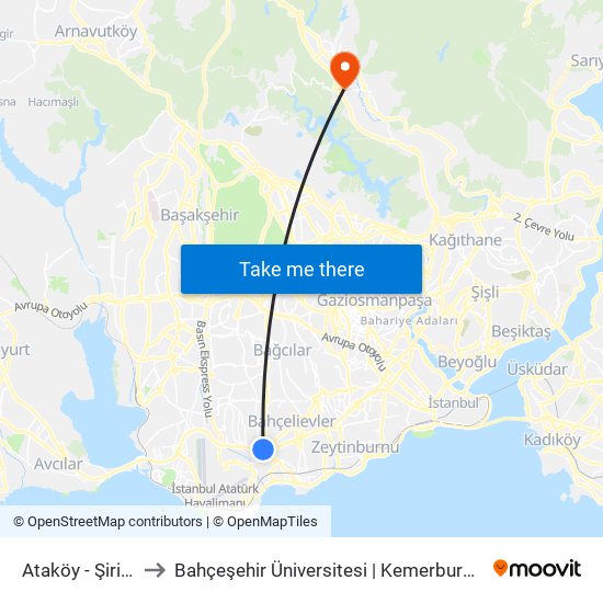 Ataköy - Şirinevler to Bahçeşehir Üniversitesi | Kemerburgaz Kampüsü map