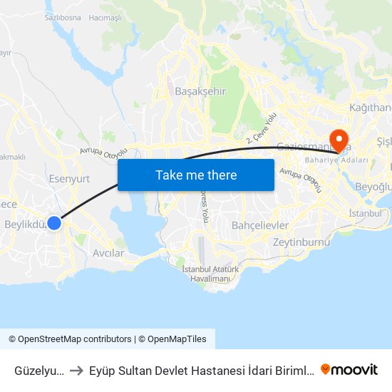Güzelyurt to Eyüp Sultan Devlet Hastanesi İdari Birimler map