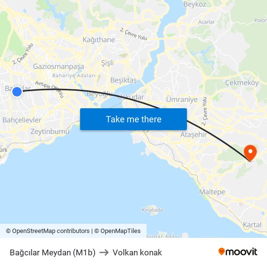 Bağcılar Meydan (M1b) to Volkan konak map