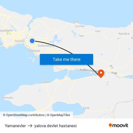 Yamanevler to yalova devlet hastanesi map