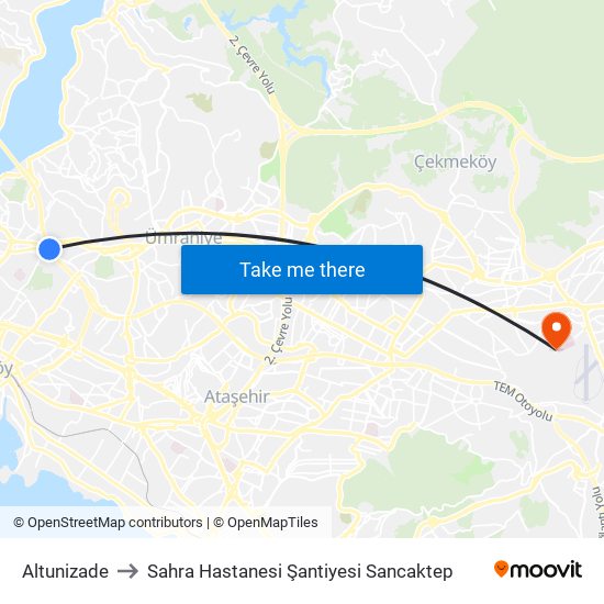 Altunizade to Sahra Hastanesi Şantiyesi Sancaktep map