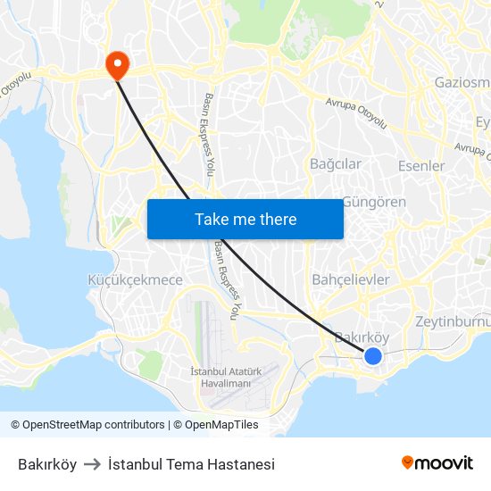 Bakırköy to İstanbul Tema Hastanesi map