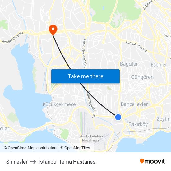 Şirinevler to İstanbul Tema Hastanesi map