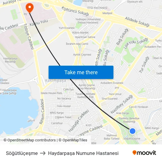 Söğütlüçeşme to Haydarpaşa Numune Hastanesi map