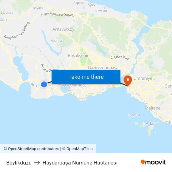 Beylikdüzü to Haydarpaşa Numune Hastanesi map