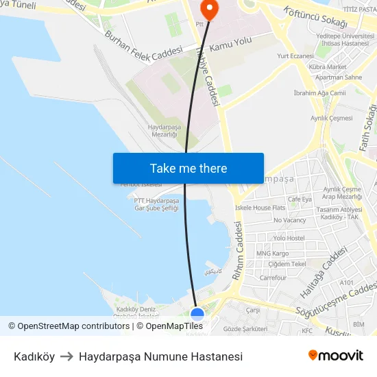 Kadıköy to Haydarpaşa Numune Hastanesi map