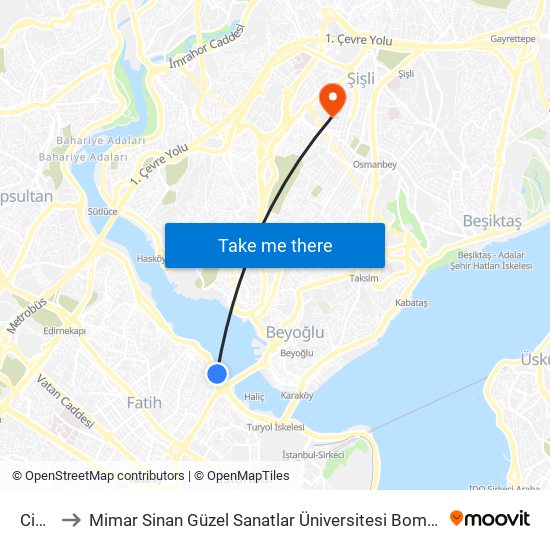 Cibali to Mimar Sinan Güzel Sanatlar Üniversitesi Bomonti Kampüsü map
