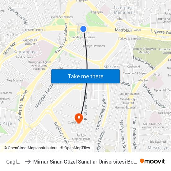 Çağlayan to Mimar Sinan Güzel Sanatlar Üniversitesi Bomonti Kampüsü map