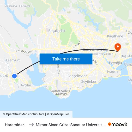 Haramidere Sanayi to Mimar Sinan Güzel Sanatlar Üniversitesi Bomonti Kampüsü map