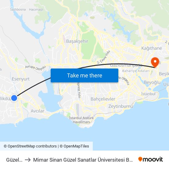 Güzelyurt to Mimar Sinan Güzel Sanatlar Üniversitesi Bomonti Kampüsü map