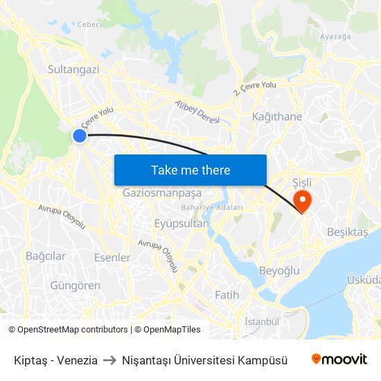 Kiptaş - Venezia to Nişantaşı Üniversitesi Kampüsü map