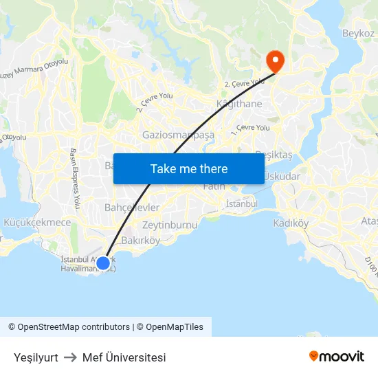Yeşilyurt to Mef Üniversitesi map