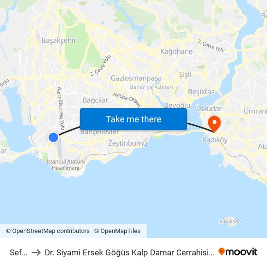 Sefaköy to Dr. Siyami Ersek Göğüs Kalp Damar Cerrahisi Eğitim Ve Araştırma Hastanesi map