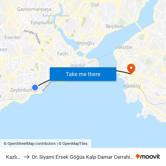 Kazlıçeşme to Dr. Siyami Ersek Göğüs Kalp Damar Cerrahisi Eğitim Ve Araştırma Hastanesi map