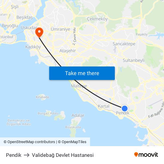 Pendik to Validebağ Devlet Hastanesi map