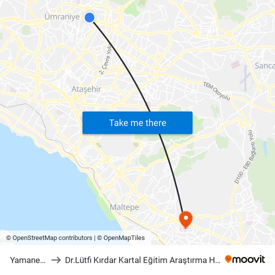 Yamanevler to Dr.Lütfi Kırdar Kartal Eğitim Araştırma Hastanesi map