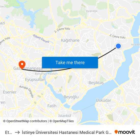 Etiler to İstinye Üniversitesi Hastanesi Medical Park Gaziosmanpaşa map