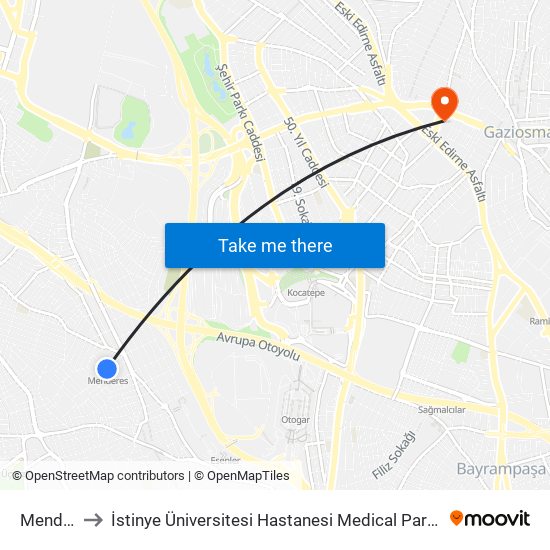 Menderes to İstinye Üniversitesi Hastanesi Medical Park Gaziosmanpaşa map