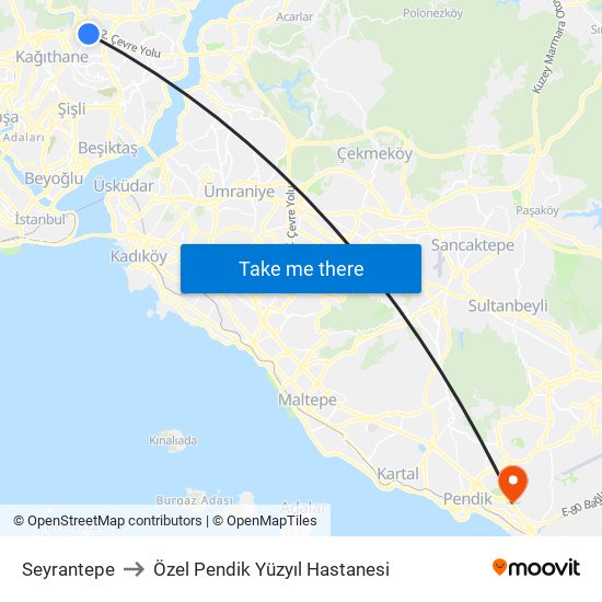Seyrantepe to Özel Pendik Yüzyıl Hastanesi map