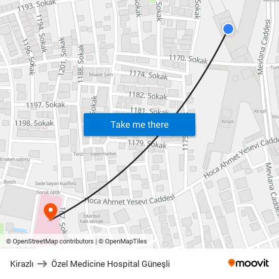 Kirazlı to Özel Medicine Hospital Güneşli map